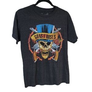 GUNS AND ROSES SKULL TOP HAT TSHIRT women’s M/S heathered gray